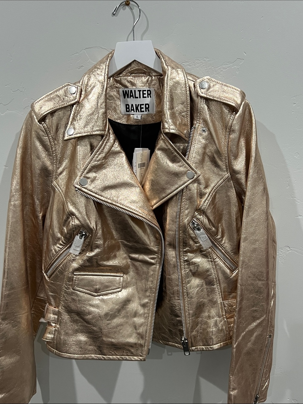 Walter Baker- Gold Leather Moto Jacket. Size L, NWT.